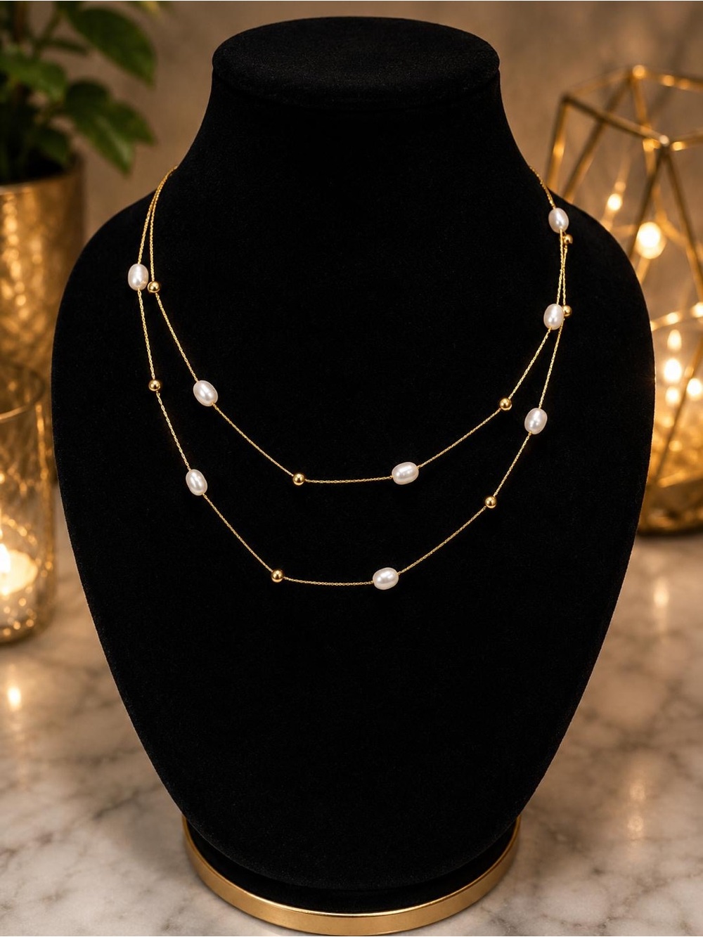 Gold Layered Pearl Station Necklace - Women Jewelry